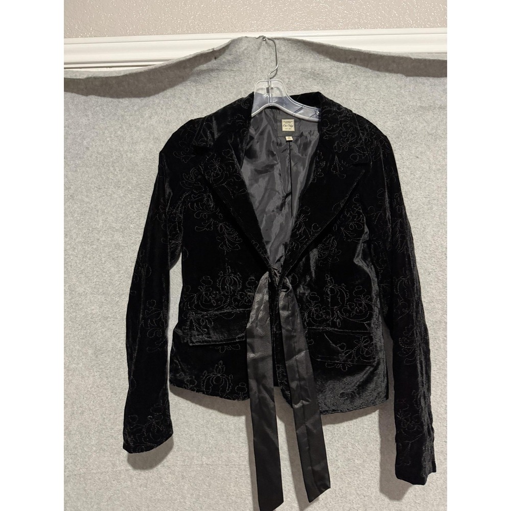 Old Navy Blazer Jacket Womens S Black Velvet Embroidered Tie Belt Lined
